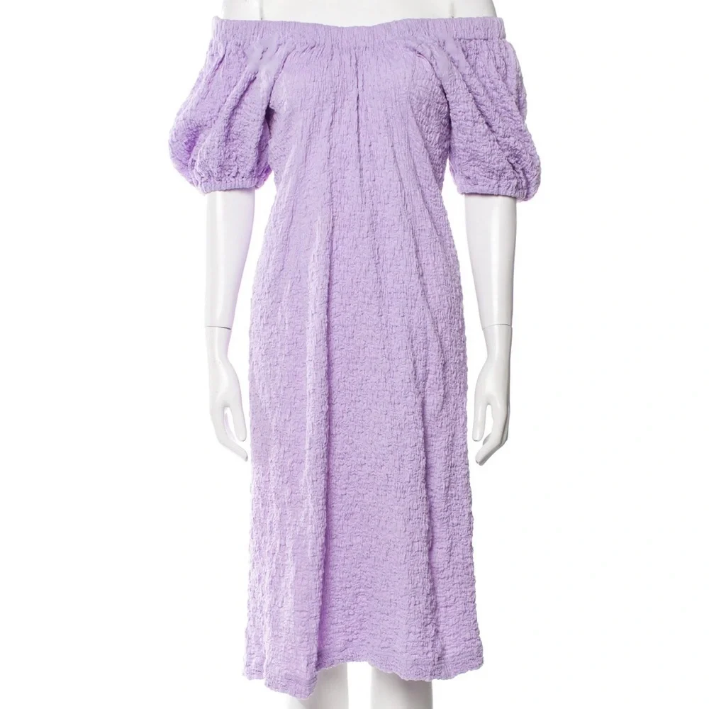 Stine Goya Garance Dress Midi Textured Lavender XS off shoulder bump vacation